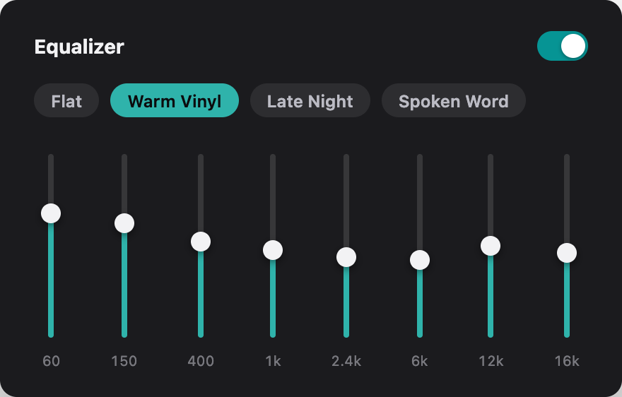 Sonistry equalizer with the Warm Vinyl preset selected and eight frequency band sliders