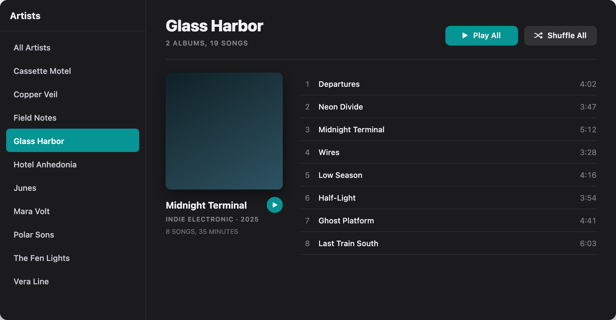 Sonistry library view with an artist list and the Glass Harbor album track listing