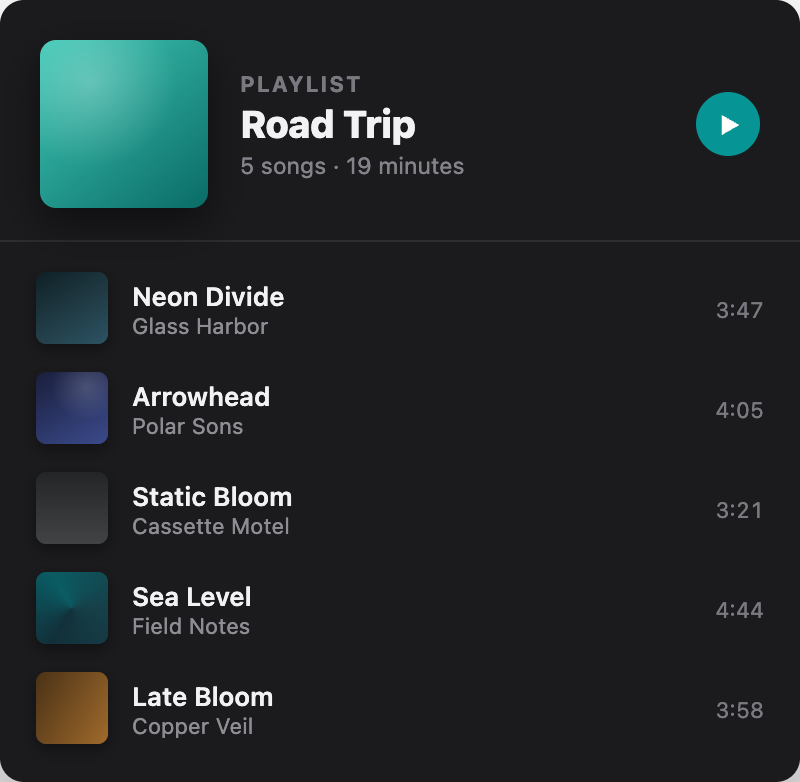 Road Trip playlist in Sonistry with five songs and a play button