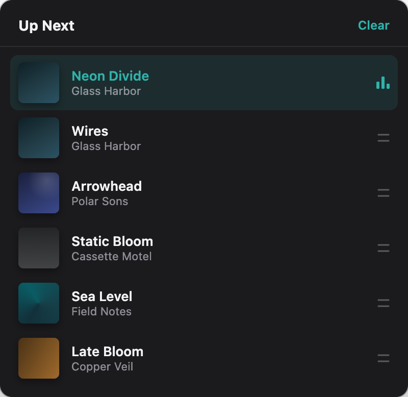 Sonistry Up Next queue with the currently playing song highlighted and reorder handles