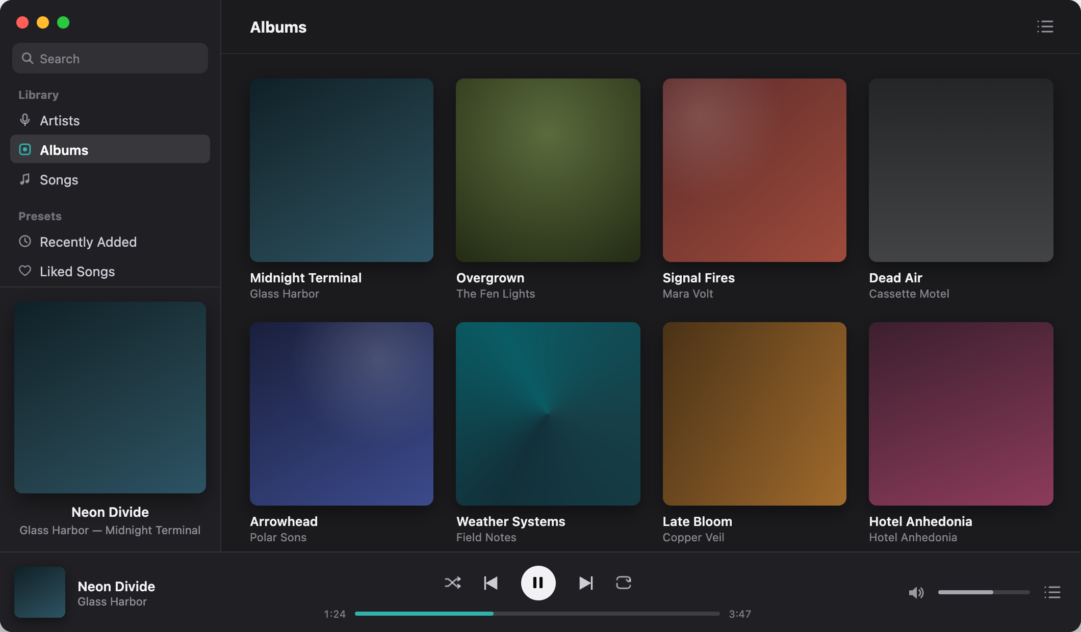 Sonistry showing an album grid with the player controls at the bottom